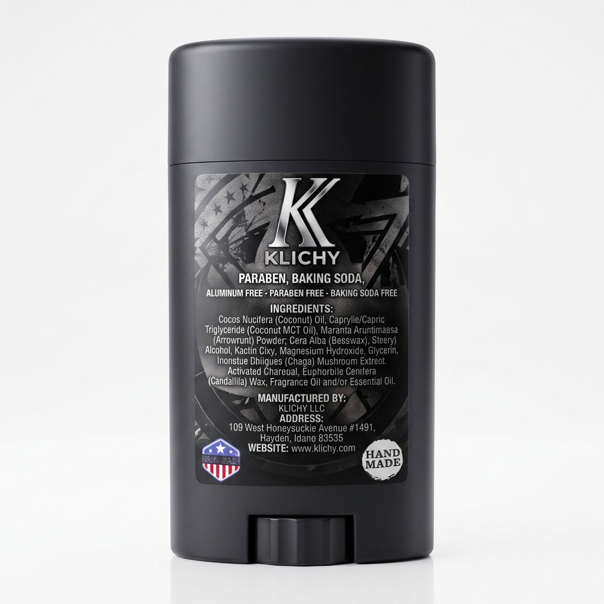 Back label of Klichy natural deodorant showing the full ingredient list and how-to-use instructions