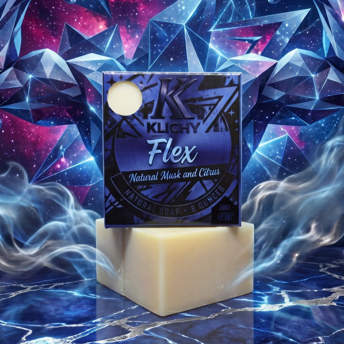 Klichy Flex Musk & Citrus natural soap bar premium hero shot with crystal and galaxy-themed background
