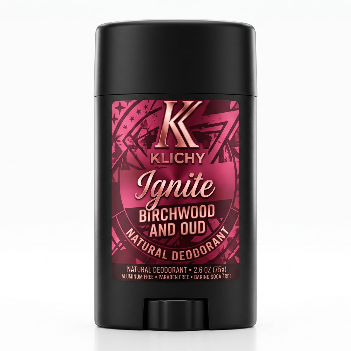 Klichy Ignite natural deodorant stick, birchwood and oud scent, aluminum-free and baking-soda-free