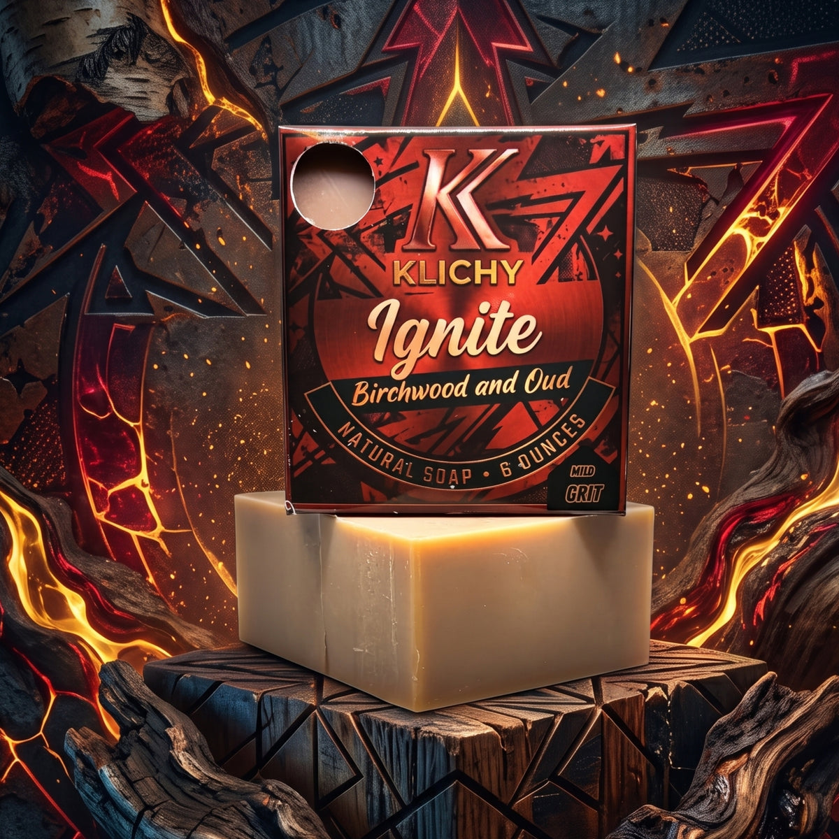 Klichy Ignite Birchwood & Oud natural soap bar premium hero shot with birchwood and fire-themed background