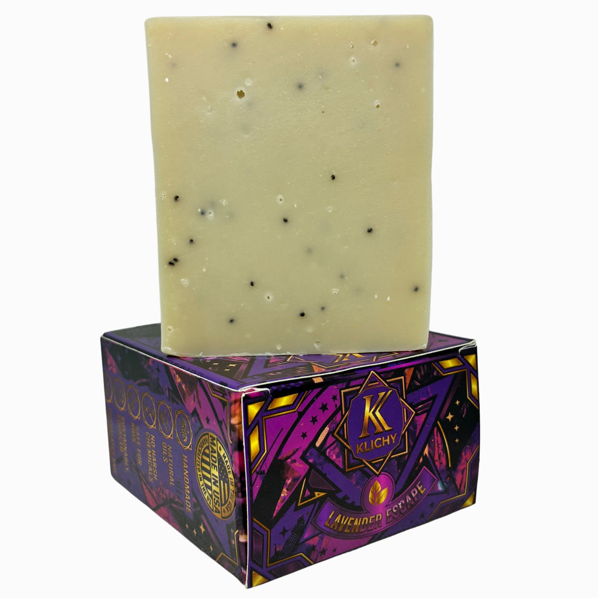 Klichy Lavender Escape Natural Soap Bar angled close-up showing poppy seed flecks and box