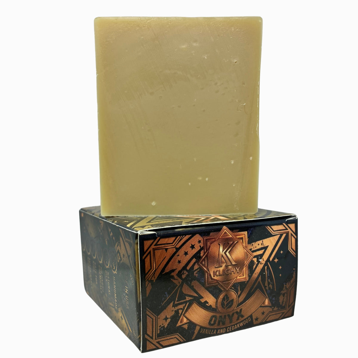 Klichy Onyx natural soap bar box angled side view, cedarwood, vanilla and citrus scent, smooth zero-grit bar