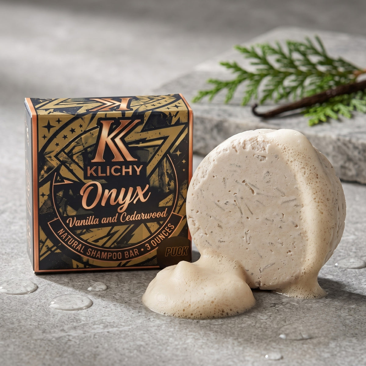 Klichy Onyx Natural Shampoo Bar product photo, Vanilla & Cedarwood scent