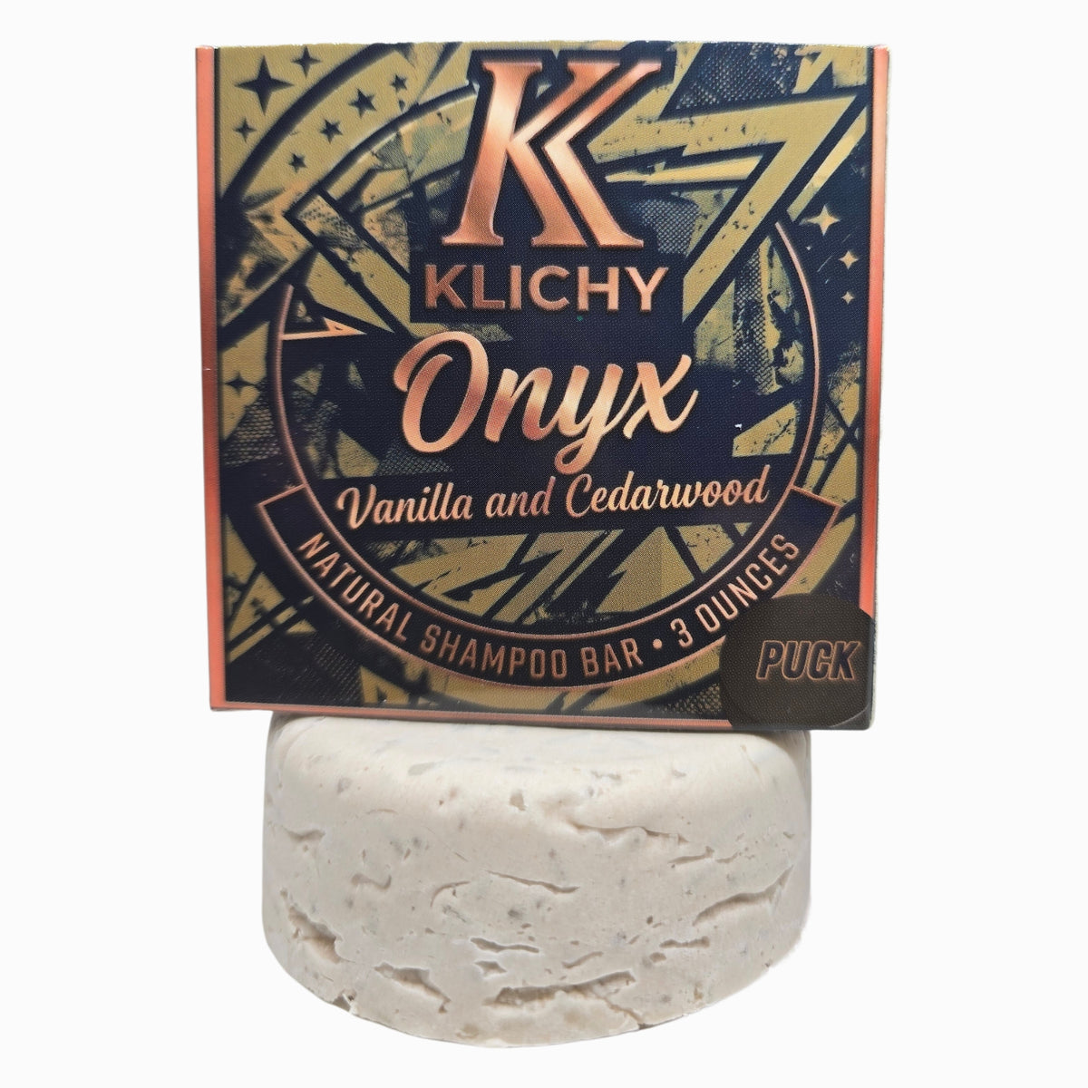 Klichy Onyx Natural Shampoo Bar hero product shot alternate angle, Vanilla & Cedarwood scent