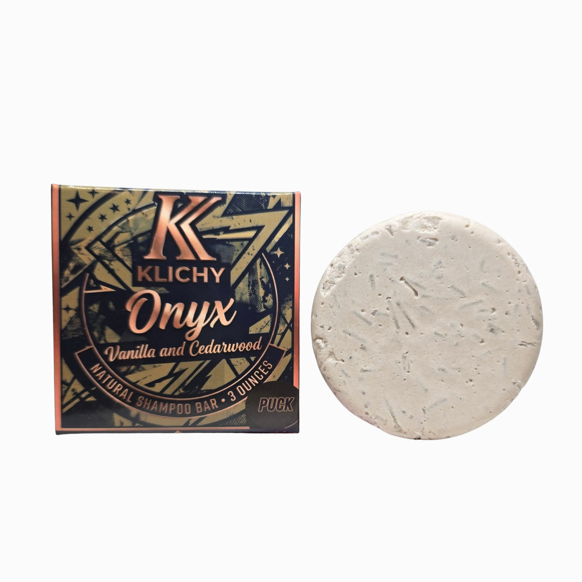 Klichy Onyx Natural Shampoo Bar hero product shot, Vanilla & Cedarwood sulfate-free shampoo bar